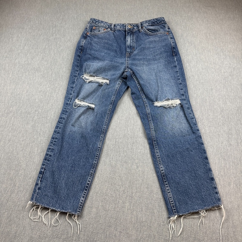 Topshop Jeans Women 29X24 Blue Denim Straight Crop Raw Hem Distressed Pants